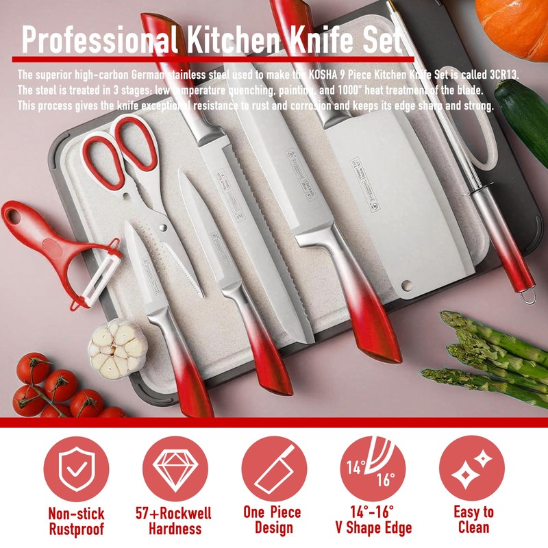KOSHA Kitchen Knife Set, 9 Piece Knife Set with Block,