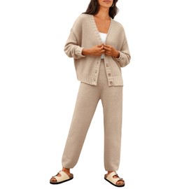 LILLUSORY Womens 2 Two Piece Lounge Sets Sweater Matching Loungewear 2025 Fall Winter Fashion Trendy Cozy Comfy Knit Cardigan Pant Wear Clothing Airport Outfits Travel Clothes Beige L