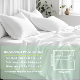 RHINSBENF Disposable Sheets for Travel Disposable Bed Sheets for Hotel King Size Bedding Set with Quilt Cover Pillow Cases 4 PCS Essentials Portable for Business Trip Tour Hotel(1 Pack)