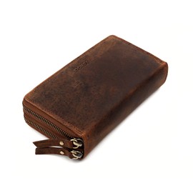 KRONIFY Women's Leather Wallet, Genuine Leather Wallet, Large Double Zip, Large, RFID Protection, Wallet with Coin Compartment, 29 Card Slots, Women's Wallet, Vintage dark brown, Classic