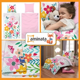 Aminata kids Bed Linen 135 x 200 cm Girls Flowers Cotton Reversible Children's Bedding Set Flowers YKK Zip Colourful Gift