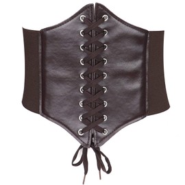 Glamorstar Corset Belt for Women Wide Elastic Tied Waspie Belts Lace-up Leather Waist Belts for Women Dresses 65cm Coffee