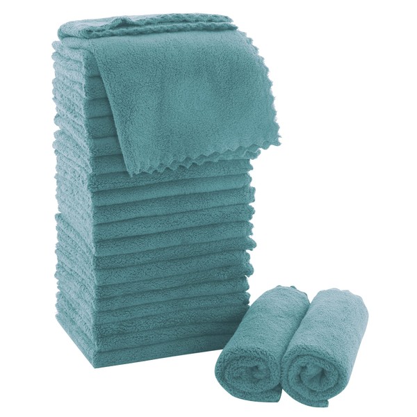 MOONQUEEN Ultra Soft Premium Washcloths Set - 12 x 12 inches - 24 Pack - Quick Drying - Highly Absorbent Coral Velvet Bathroom Wash Clothes - Use as Bath, Spa, Facial, Fingertip Towel (Teal)