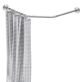 Adjustable Silver Corner Shower Rod, 31-41 Inch Diamond Shaped Shower Curtain Rod, Curved Shower Curtain Rod, Rustproof 304 Stainless Steel Shower Rod for Bathroom Bathtub Drill and No Drill