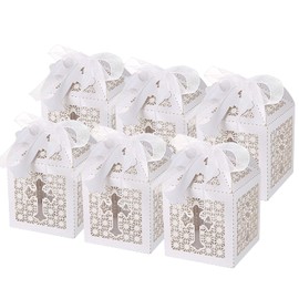 LEMESO 50 Cajas Papel para Dulces Recuerdos de Fiestas Boda Cajas Blanco de Cruz Hueco para Bautizo Bebe shower Decoración Boda con 50 Cintas de Seda y 50 Etiquetas
