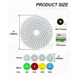 SANLEETEK Wet Diamond Polishing Discs - Diamond Polishing Pad 6 Pieces 100 mm Grit 50 x 2/100 x 2/200/400 with M14 Support Plate + Adapter for Granite Marble Artificial Stone Quartz for Angle Grinder