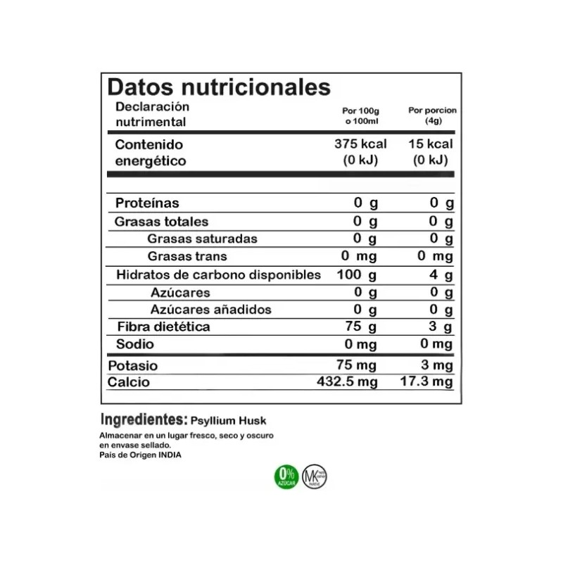 Psyllium Husk Plantago Polvo Puro Sin Azúcar 250 Gramos