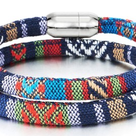 COOLSTEELANDBEYOND Double-Lap Tribal Tibetan Mens Womens Cotton Bracelet Wristband Wrap Bracelet, Steel Magnetic Clasp(CA)