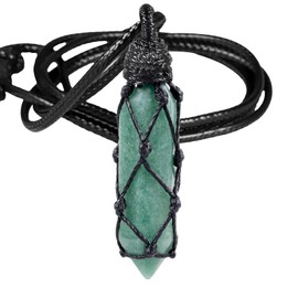 TUMBEELLUWA Hexagonal Green Aventurine Crystal Points Pendant Necklace for Unisex Wrapped Stone Wand Pendant with Adjustable Cord