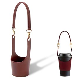 DELUXEFOX Cup Holder Handheld Cup Holder Leather Cup Holder Bottle Holder Round Coffee Handbag Cup Sleeve Strap Takeaway Drink Holder Portable Waterproof Leather Cup Holder (Black)