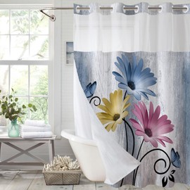 Muuyi Mixed Color Watercolor Floral Shower Curtain,No Hook Shower Curtain,Polyester Shower Curtains with Snap in Fabric,Sheer Top Window for Bathroom Decor,Waterproof & Washable,72W x 75L Inch