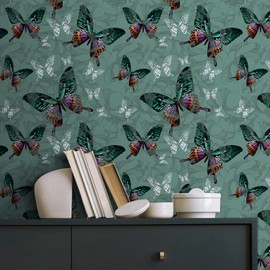 LaCheery Teal Green Butterfly Wallpaper for Bedroom 17.5"x276" Vintage Butterfly Floral Peel and Stick Wallpaper Self Adhesive Butterfly Contact Paper Peel and Stick for Bathroom Wall Paper Waterproof