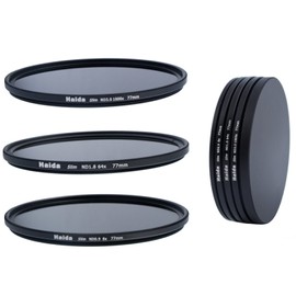 Neutral Grey/Neutral Density Filter Set 77 mm Slim consisting of ND8, ND64, ND1000 filter including filter Stack Cap Container and Pro Lens Cap with Inner Snap Closure towards the