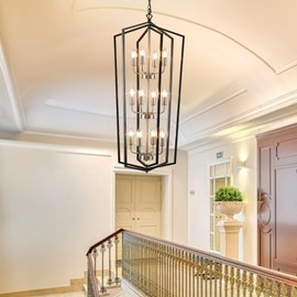 Farmhouse Chandelier Entryway High Ceiling: 12-Light Lantern Tiered Pendant Light Fixtures, Large Long Chandeliers for High Ceilings, for Foyer, Staircase, Dining Room, Kitchen Island(Black & Silver)