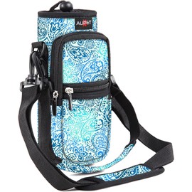 AUPET Water Bottle Sling Bag Sleeve Holder Carrier 25/32/40/64 oz,Insulated Crossbody Water Bottle Case Cover with Strap and Pockets for Men/Women Walking Hiking Camping (64oz, blue feather)