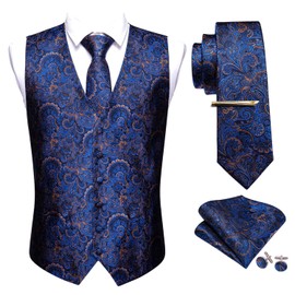 Barry.Wang Men Vest Set Paisley Floral Silk 5PCS Waistcoat Tie Handkerchief Cufflink Clip Casual Business Dress