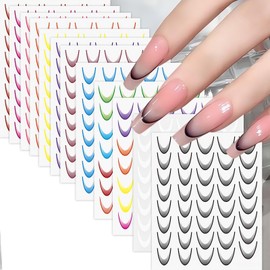 18Sheets Gradient Color French Tip Line Nail Stickers 3D Self-Adhesive Colorful Geometric Curve Lines Nail Decals Colorful Curved Nail Designs Wave Stripe Guide Nails Supplies for Women DIY Nail Decor