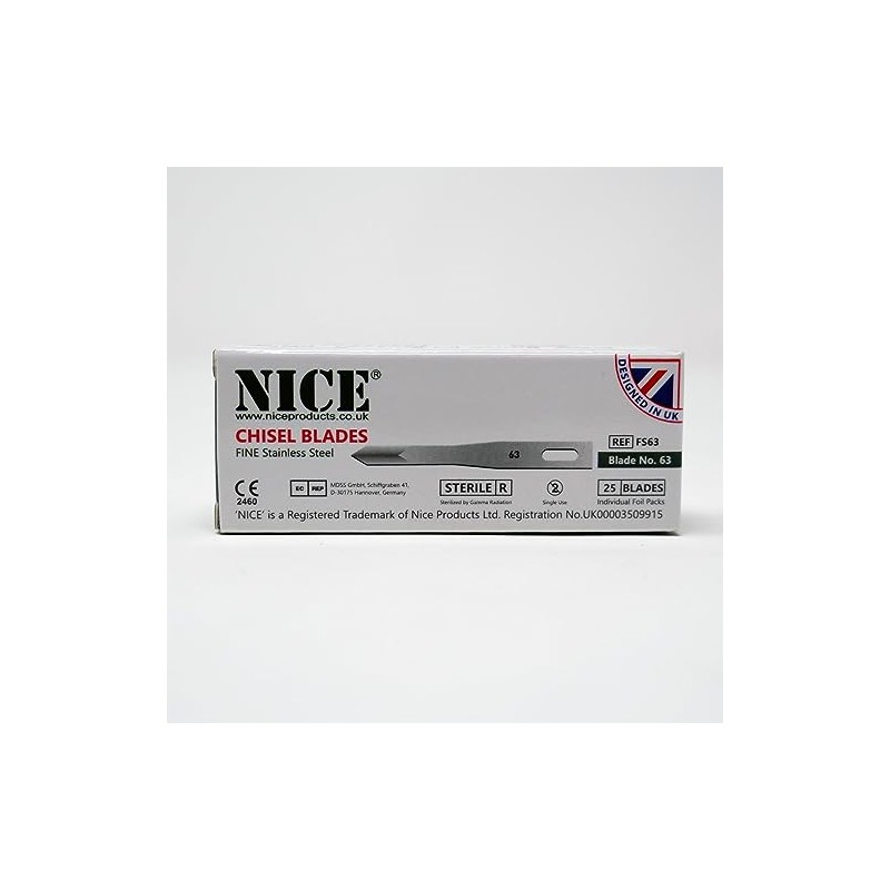 25 x NICE FINE 63 Sterile Stainless Steel Chisel Blades