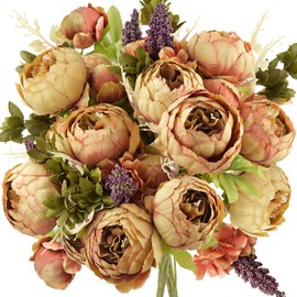 FiveSeasonStuff - Flores Artificiales Peonías de Seda y hortensias para decoración de Boda, Novia, hogar, decoración de Centro de Mesa con 2 Ramos, Marrón Rojiza