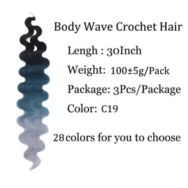 30 Inch Body Wave Crochet Hair 6 Packs Synthetic Curly Braiding Hair Ocean Wave Twist Crochet Braids French Curl Crochet Braids Wavy Braiding Hair Extensions(30",Black-Dark Blue-Sliver Grey)