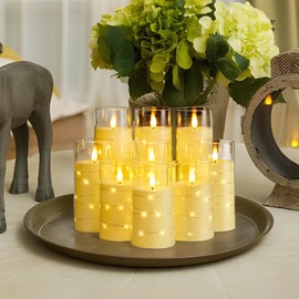 Homemory 9 Pcs Flameless Candles with Embedded Star String Fairy Lights, Battery Operated Candles, LED Candle, Fake Candles with Remote Control and Timer (Ivory)