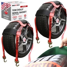 Boxer Pro Tow Dolly Basket Straps with Swivel Hooks – 2 Pack – Wheel Bonnet Tie Down System – 15”-19” Tires, 10,000lbs Breaking Strength with Rubber Sleeve – Wheel Car Basket