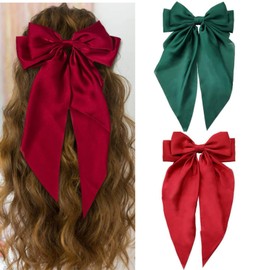 2Pcs Big Silky Satin Hair Bows Hair Clip Christmas Dark Green Red Hair Ribbon Ponytail Holder Dress Decor Accessories Metal Slides Gift for Women Girls Toddlers Teens (E)