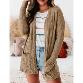 MEROKEETY Women's Casual Long Sleeve Open Front Cable Knit Cardigans Lightweight Solid Color with Pockets,Khaki,L