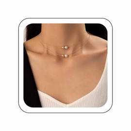 Zeshimb Boho Round Ball Beads Pearl Choker Collar Layered Snake Chain Pendant Necklace Vintage White Pearl Chain Clavicle Necklace Bridal Wedding Jewelry for Women