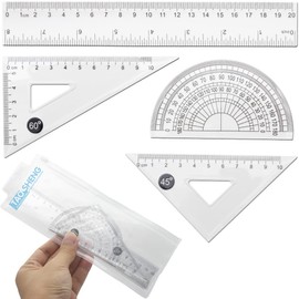 TAOSHENG 4Pcs Plastic Math Geometry Kit, Transparent Measuring Tool Set for School Student Teacher Architects Engineers, Includes Protractor Straight Ruler Triangle Ruler, Clear 4 Pack