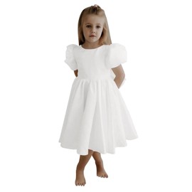 WDCVGTR V-Back Flower Girl Dress Bow-Knot Wedding White Satin Kids Ball Gowns Jewel Neck Puff Sleeve Formal Events Elegant Long Dresses 6T
