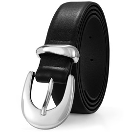 XZQTIVE Women's Leather Belt with Bright Gold Silver Buckle Black/White/Beige/Brown/Coffee Belt for Women for Jeans Dresses Pants Coats