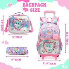 ZBAOGTW Rolling Backpack for Kids Girls Rolling Backpack for School Roller Backpacks for Girls 8-12 Cute Schoolbag Backpacks with Wheels for Kids with Lunch Box Back to School Supplies