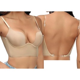 Women's Bra with Low Back U-shaped Shiny Assembly Large Backless for Women Convertible Transparent Removable Straps, tan