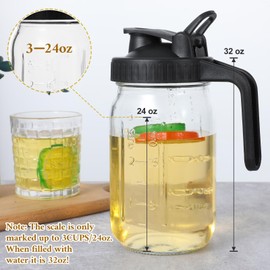 Glass Mason Jars Pitcher 32 Oz Pour Spout Lids & Handle (2 Set) Wide Mouth Airtight Leak Proof Fridge Breast Milk Pitcher With Top Flip Cap 1 Quart Water Jug For Cold Brew Coffee, Iced Tea, Beverage