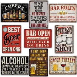 Funny Bar Signs For Home Bar Decor Metal Tin Signs Vintage Man Cave Sign Bar Accessories Garage Decor For Men Pub Wall Decor Open Rules Tin Sign 8×12 Inch (9 Pcs)