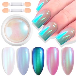 Furtherpretty Unicorn Chrome Nail Powder, Aurora Nail Pigment Mermaid Pearlescent Mirror Effect Chameleon Reflective Glitter Nail Powder Dust with Brushes, Nail Art Decoration Kit (MK-YGTK-03+2b)
