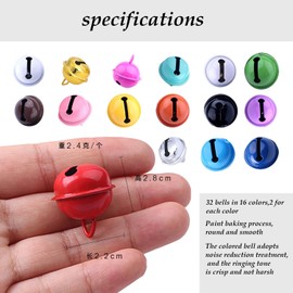 32 Bells, Craft Bells, Colourful Metal Bells, Bells with Eyelets, Suitable for Jewellery Accessories, Key Chains, Bag Charms, Holiday Decorations, Pet Bells