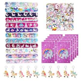 Unicorn Children's Birthday Party Bag Set, 82 Pieces Children's Birthday Gift Favours with Gift Bags Snap Bracelet Key Ring Stickers, Party Small Gifts Give Aways Girls