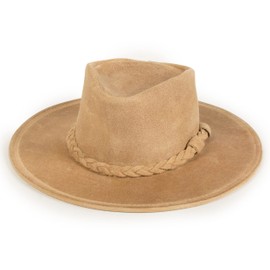 Minnetonka Outback Hat - Flat Brimmed Cowboy Hat for Men and Women Made with Distressed Ruff Leather, Hidden Steel Wire in Brim, and Subtle Leather-Braided Accent, Medium-Tan