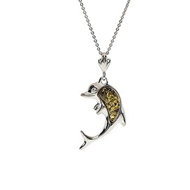 Artisana-Schmuck Amber Pendant Green Dolphin Pendant for Necklace Made of Amber and Rhodium-Plated 925/000 Sterling Silver, Baltic Amber Rhodium-plated 925/000 sterling silver, Amber