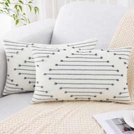 Mecatny Boho Outdoor Spring Throw Pillow Covers 12X20 Set of 2, Farmhouse Lumbar Pillow Covers for Couch Sofa Living Room, Grey & Cream White