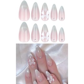 Kaichen Französisch Katzenauge Künstliche Nägel zum Aufkleben Mandel, Katzenauge Schleife Press On Nails Mittel, Beinhaltet 24 Nägel, 24 Klebeetiketten, 1 Maniküre Stick, 1 Mini Feile