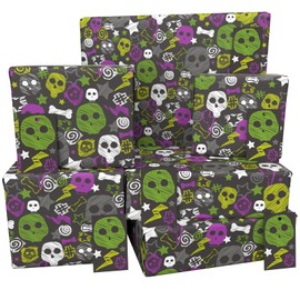 Luxury ECO Gift Wrap - 6 sheets/tags - Black Skulls and Bones - Birthday - Recycled & Recyclable Wrapping Paper - Re-wrapped