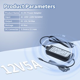 12V 5A Power Supply, Waysse AC DC Adapter, Converter 100-240V to 12 Volt 5 Amp Transformer 5.5x2.1mm Plug for LED Strip Light DVR NVR Security Cameras System CCTV Accessories