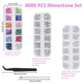 Pack of 6000 Rhinestones, AB Crystal Rhinestones, with Tweezers and Pen, Flatback Rhinestones for Nail/DIY (Multiple Sizes and Colours)