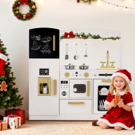 Kinder King Wooden Kids Play Kitchen, Toy Kitchen Playset for Toddler, Play Kitchen Set w/Blackboard, Transparent Coloring Board, Pretend Dishwasher, Oven, Ice Maker, Gift for Boys Girls Age 3+, White