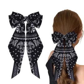 Black Bandanas Ribbon Bow Hair Clips for Girls Large French Barrettes Long Ribbons Boho Paisley Bandana Hair Bows for Women Bowknot Accessories