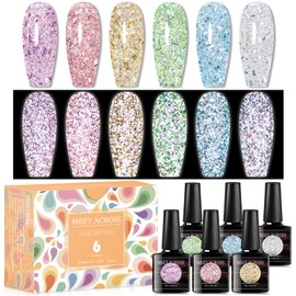 MEET ACROSS Reflective Glitter Gel Nail Polish, Shimmer Sequins Gel Nail Polish, Sparkly Shiny Nail Art Varnish Manicure Kit, Soak Off LED Lamp, for Beginners DIY at Home
