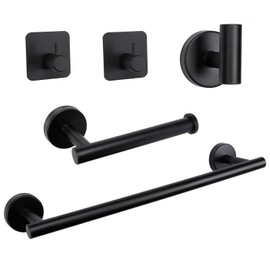 TocTen Bathroom Hardware Set, Thick Stainless Steel Bath Towel Bar Set Including Towel Rack for Bathroom+Toilet Paper Holder+3 Robe Towel Hooks Wall Mount Bathroom Accessory Set(16IN,Matte Black)